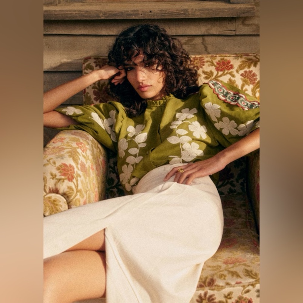 NWT SEZANE ANTON Olive Green Floral Embroidered Blouse Top 38 Sz 6 sold out